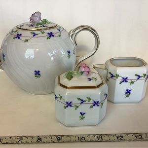 Herend Blue Garland Tea pot w/Rose and sugar and creamer